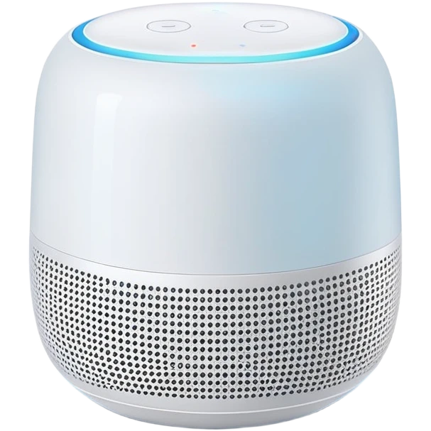 Modern Apple-style smart speaker, elegant and minimalist design with soft glow on top emoji
