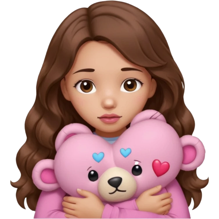 girl with long wavy brown hair, brown eyes, light to medium complexion, in a pink shirt, pink lips, long lashes, sad, hugging squeezing  a teddy bear with hearts emoji