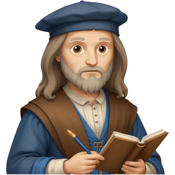 Leonardo da Vinci as an emoji, thoughtful expression, sketchbook in hand, classic clothing emoji