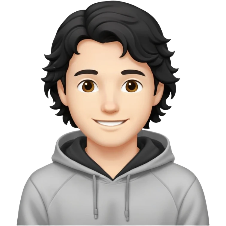 smiling young white male, black wavy hair, wearing a hoodie emoji