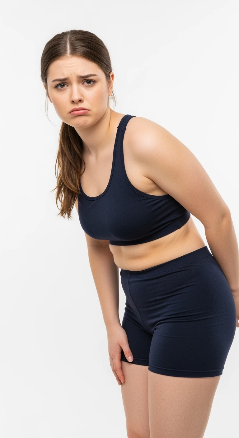 donna giovane con cellulite buchi di cellulite e ritenzione in gym short leggermente piegata in avanti, con espressione dispiaciuta in volto isolata su sfondo bianco emoji