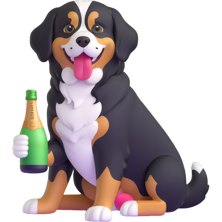bernese mountain dog with a toy champagne bottle in its mouth, playful pose emoji