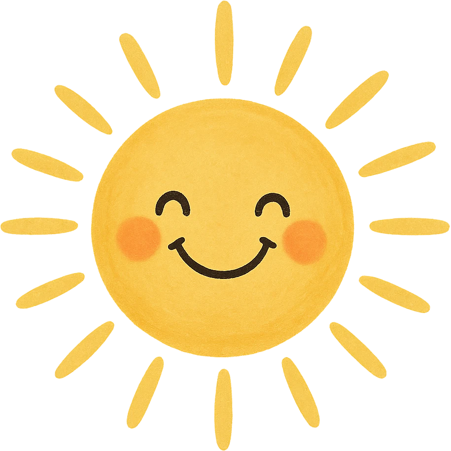 smiling sun with rays, cheerful and bright general style illustration emoji