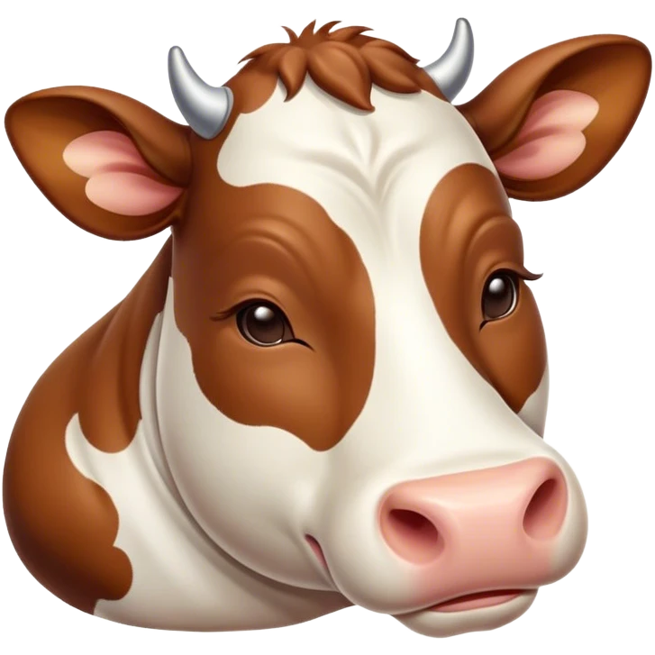 Meme-Worthy Cute Sleeping Brown and White Cow Portrait Emoji, Head resting peacefully with a contented smile, showcasing a robust build and a luxuriously soft patterned hide of brown and white, eyes shut in a serene, restful nap, Simplified yet hilariously adorable features, highly detailed, glowing with a soft, drowsy light, high shine, relaxed and utterly lovable, stylized with an air of playful laziness, bright and heartwarming, soft glowing outline, capturing the essence of a comically sleepy cow, so meme-worthy it feels like it could instantly become the next viral sensation of adorable slumber! emoji