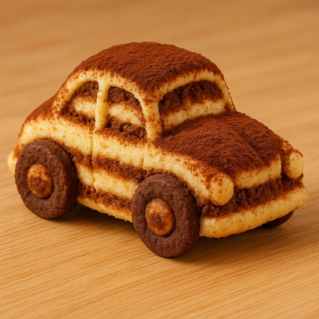 miniature car sculpted from tiramisu, visible layers, dessert-themed, fun and edible look, whimsical and appetizing emoji