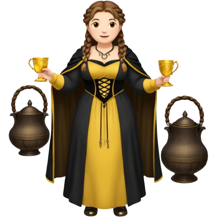 Helga Hufflepuff,brown-haired,2 braids,yellow-black medieval open dress,deep neckline,fat macromastia,black cloak decorated with gold braiding,gold cup with two handles,very kind smile,curvy busty sweet woman,round rosy cheeks,full length with medieval shoes emoji