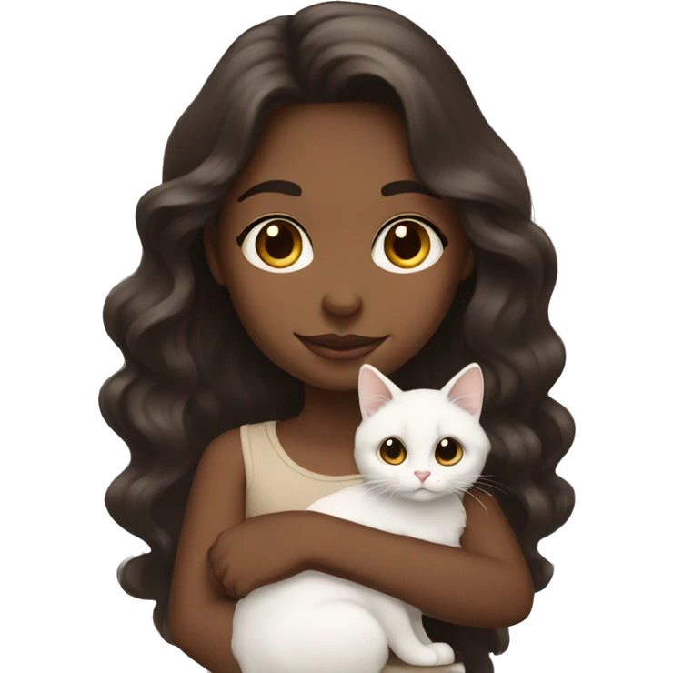 Tan girl with dark brown long wavy hair holding a white cat emoji