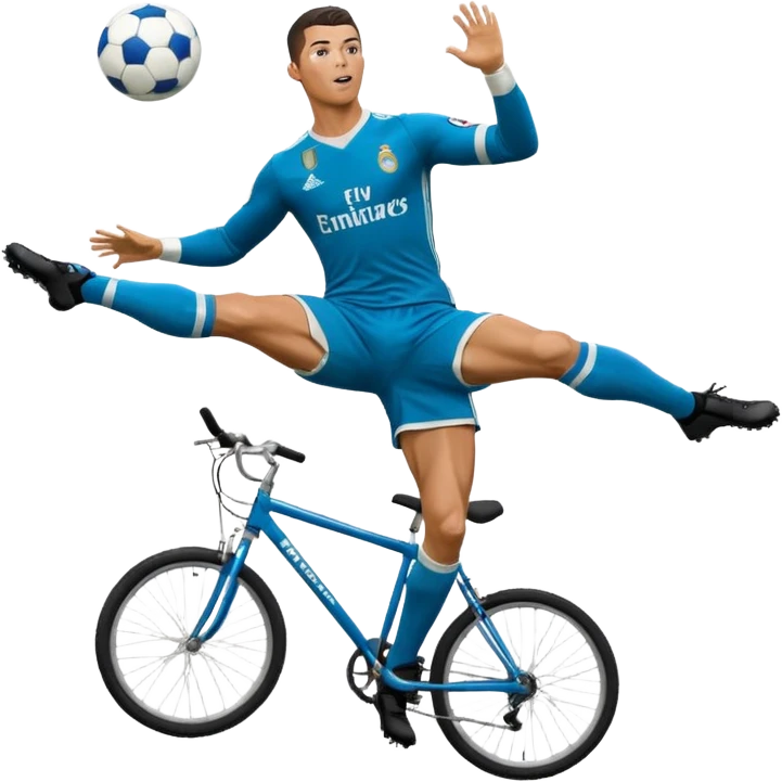 Ronaldo doing a bicycle kick with football in mid air While wearing a Retro blue Real madrid kit and yes i want it to be exactly the same as he Scored it in 2018 vs Juventus  emoji