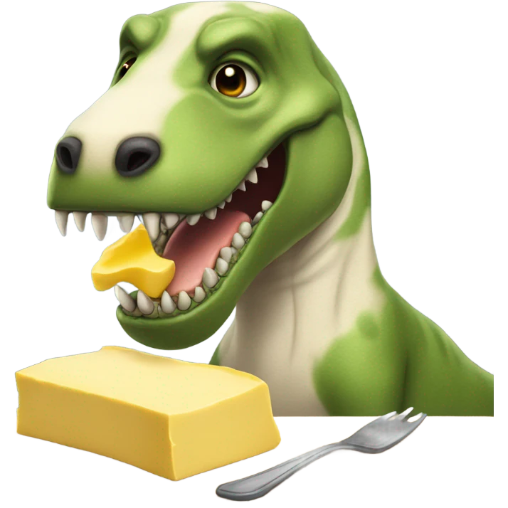 Dog dressed as t-Rex eating butter emoji