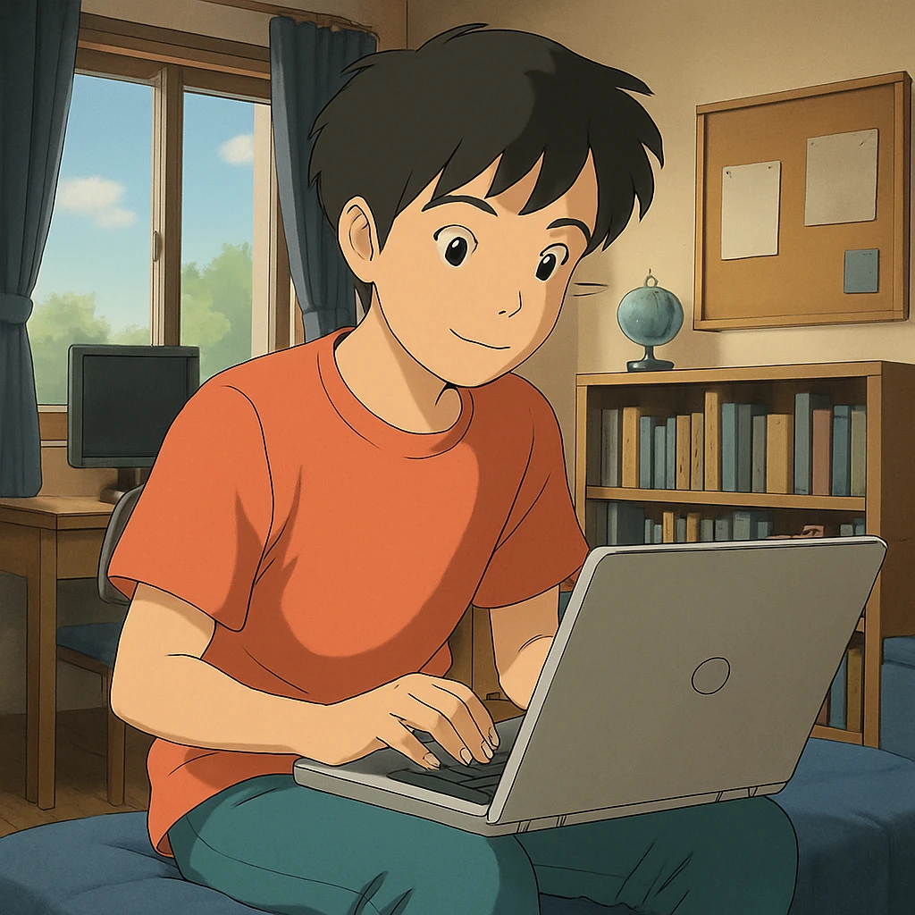 Добавить фон: современная комната тинейджера, сохранить стиль Ghibli emoji