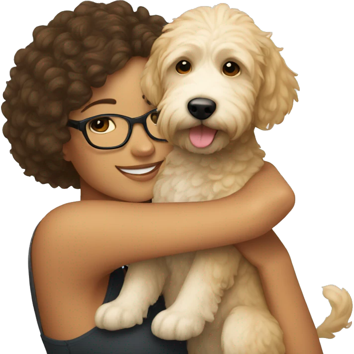 Short hair Girl with glasses hugging goldendoodle emoji