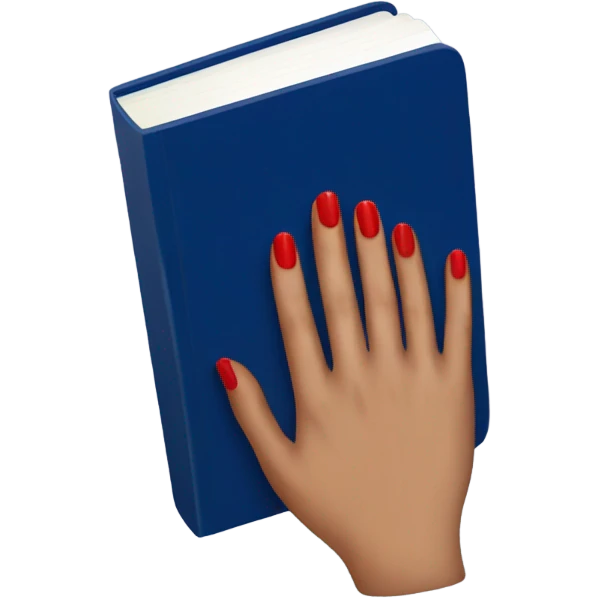 a hand with a red manicure holds a dark blue diary emoji