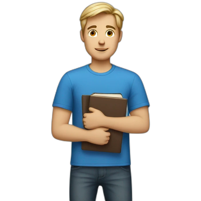 a white man in a blue shirt holding books emoji