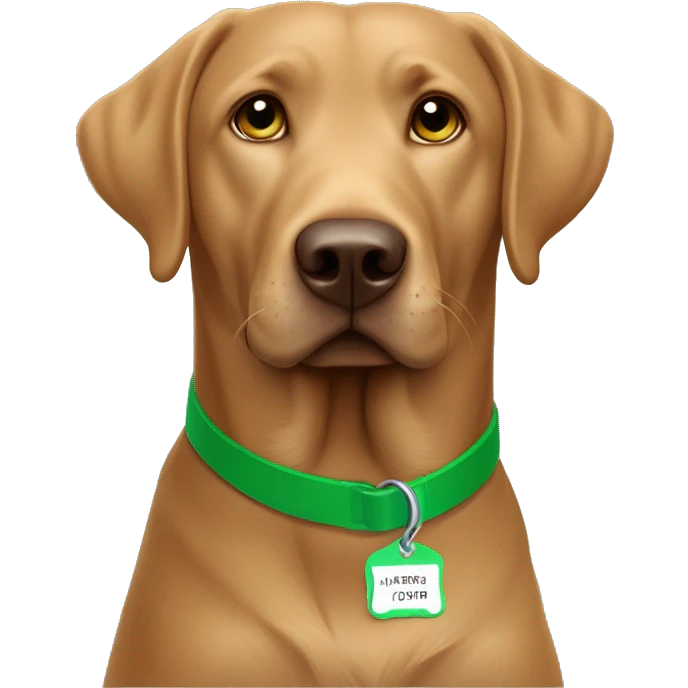Light brown chocolate Labrador wearing green collar looking straight with name tag CHIP emoji