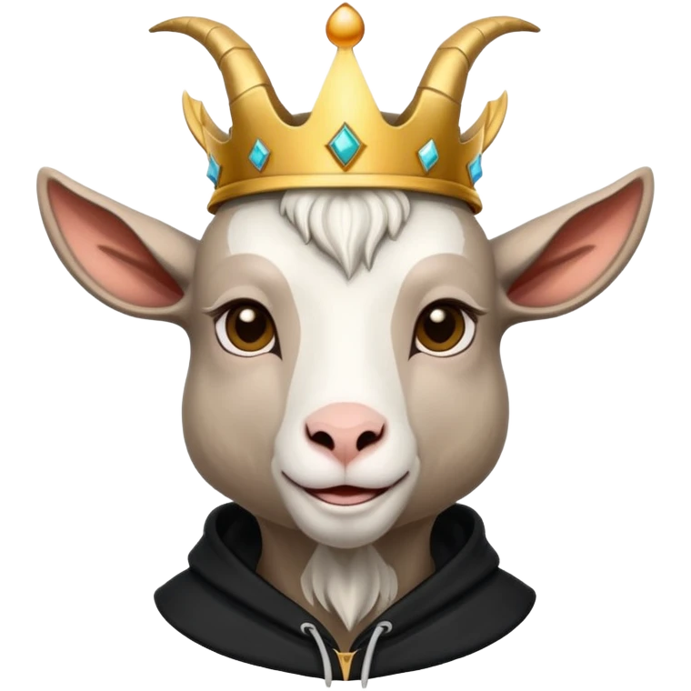 Goat with horns wearing black hoodie and a royal crown love emoji