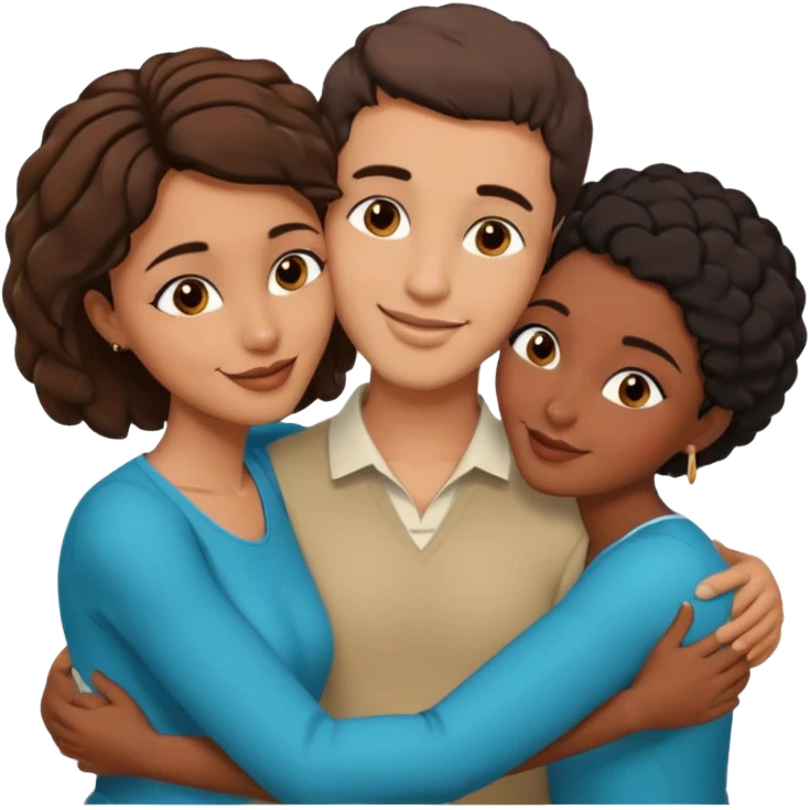  middle Eastern man with short brown hairwith two black african women both are African one is medium tone skin black and one is medium tone black with african hair styles. and they are all smiling and putting their arms around each other and kissing and hugging sexually  emoji