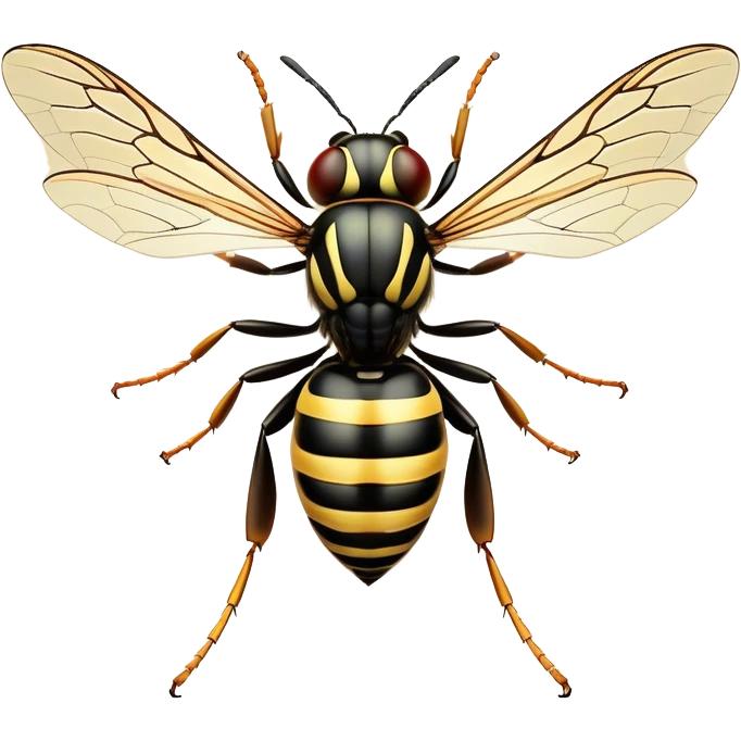 Beautiful and Majestic Wasp Portrait Emoji, Head and body rendered in serene repose with a gentle, confident smile, showcasing a refined, streamlined form with delicately patterned stripes and softly closed, focused eyes, Simplified yet exquisitely endearing features, highly detailed, glowing with a soft, drowsy radiance, high shine, relaxed and utterly noble, stylized with an air of regal insect elegance, soft glowing outline, capturing the essence of a beautiful and majestic wasp that embodies the refined power of nature! emoji