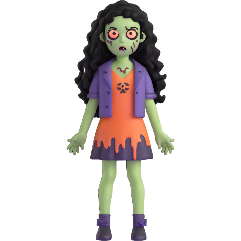 girl zombie with black long curly hair, emo style emoji