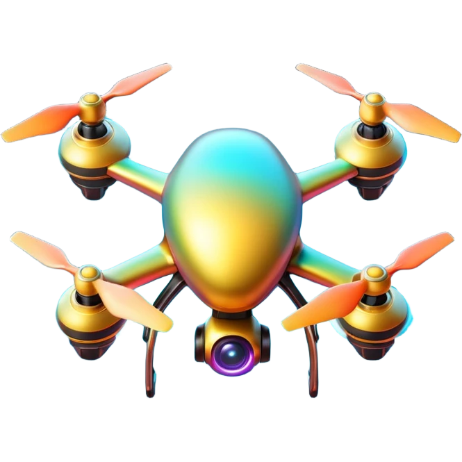 Futuristic colorful drone emoji, metallic body, glowing LED lights, 3D shiny style, high detail, transparent background. emoji