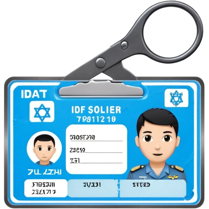 black Scissors cutting a light blue idf soldier ID card in 2 parts .hyper realistic emoji