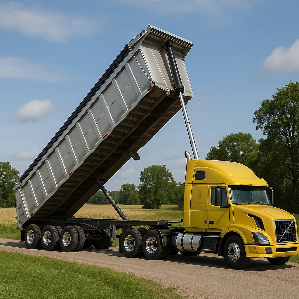 long silver end dump trailer hooked to a Volvo yellow semi sleeper truck, trailer in dump position, photorealistic daytime country scene with fields, trees, and a quiet road emoji