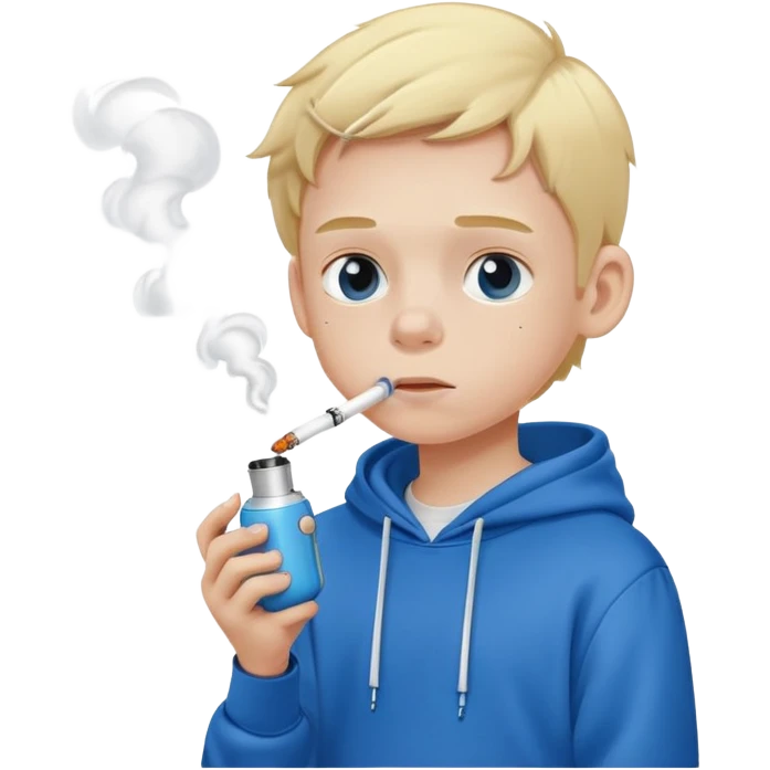 Blonde kid in blue hoodie wearing an AirPod smoking bong emoji