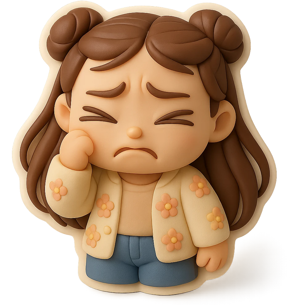 3D chibi fondant cake art style, high-quality rendering with smooth shadows and soft gradients. Girl based on reference image (preserve facial features), long brown hair in two space buns, brown eyes, jeans, pastel floral cardigan, thick white outline like a sticker, transparent background. Closing her eyes in fear. Make sure her appearance matches previous stickers. emoji