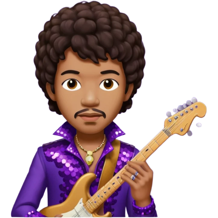 Jimi Hendrix with dark brown hair, dark purple sequin outfit emoji