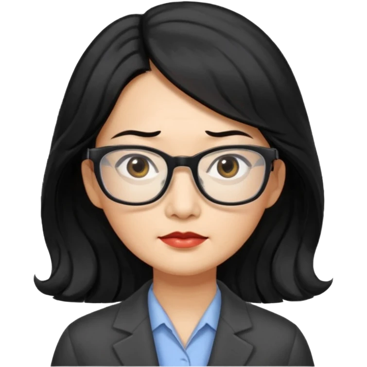 serious middle-aged Asian woman, long wavy hair, small rectangular metal glasses, manager emoji