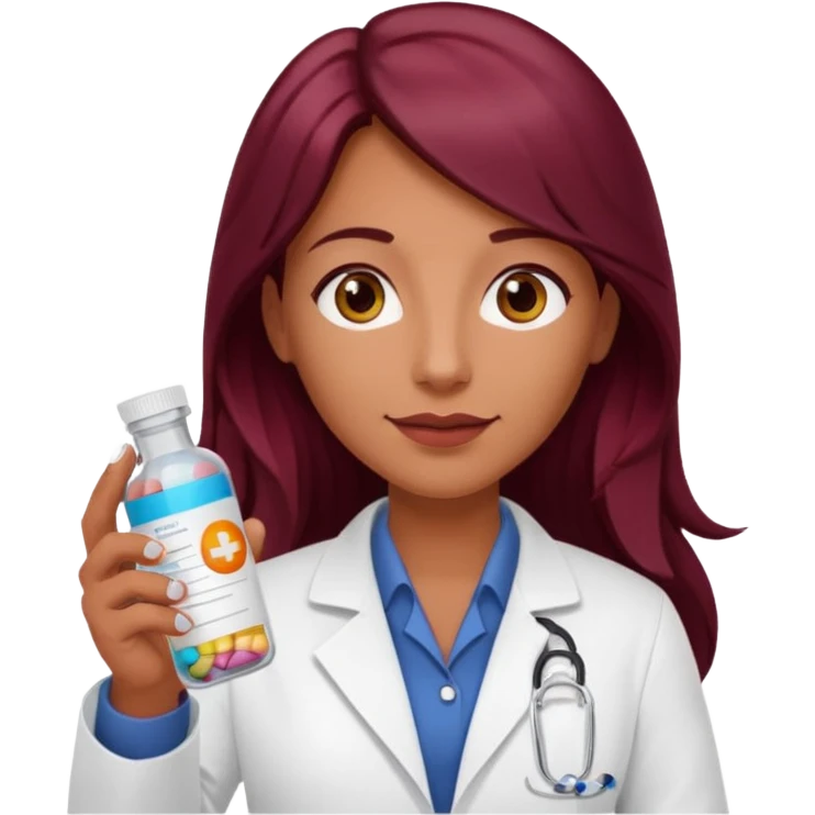 pharmacist with tanned skin and long burgundy hair holding prescription bottle pills emoji