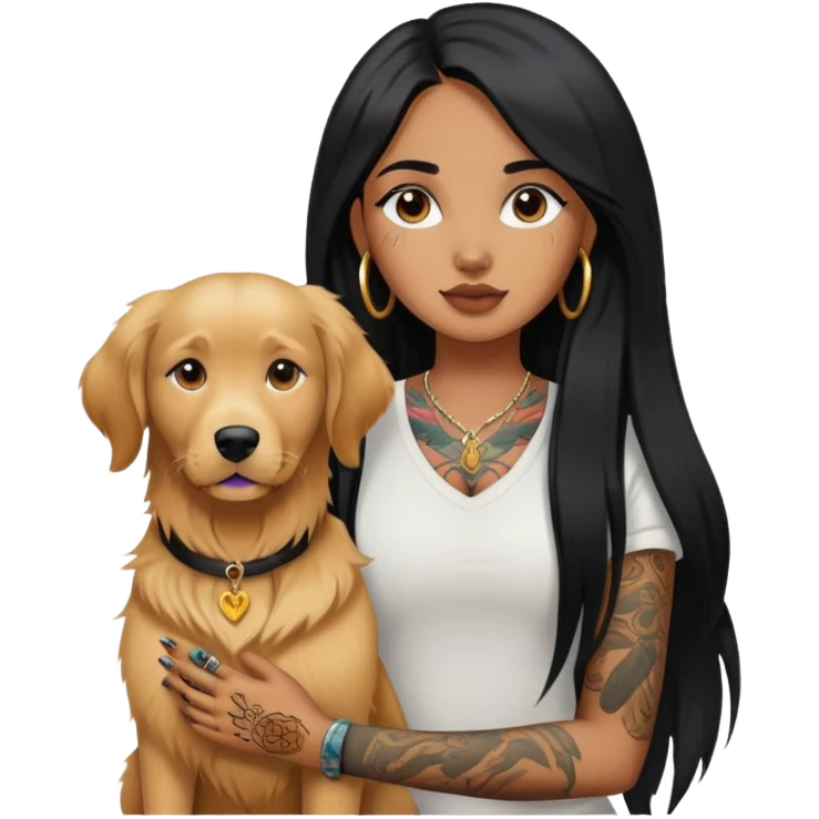 brown girl with long black  straight hair and tattoos and  a golden retriever emoji