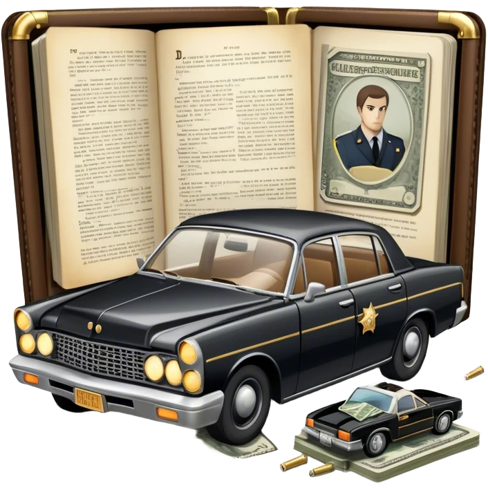 Icon for Action & Crime Reading: an open book with dramatic crime scenes—bullet holes on pages, a detective badge, a revolver, and a getaway car. Surrounding elements include a briefcase with cash and a flickering streetlight. Transparent background. emoji