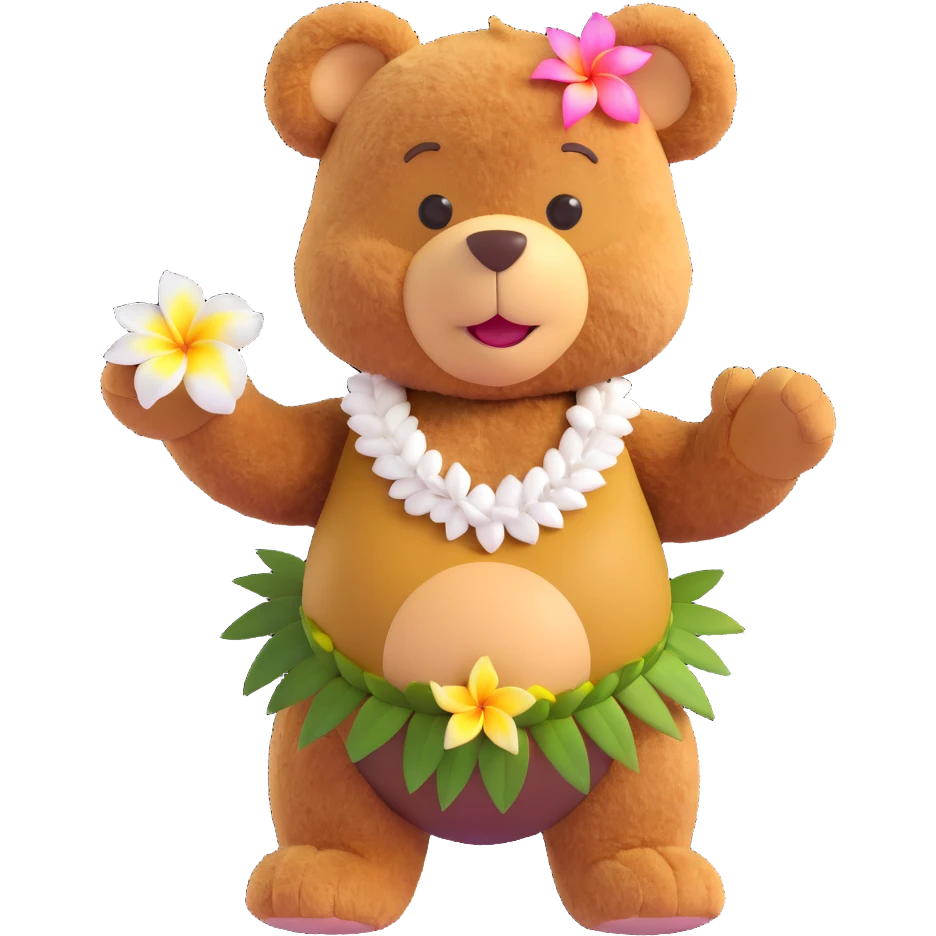 brown teddy bear in a coconut bra and plumeria lei, doing the hula dance emoji