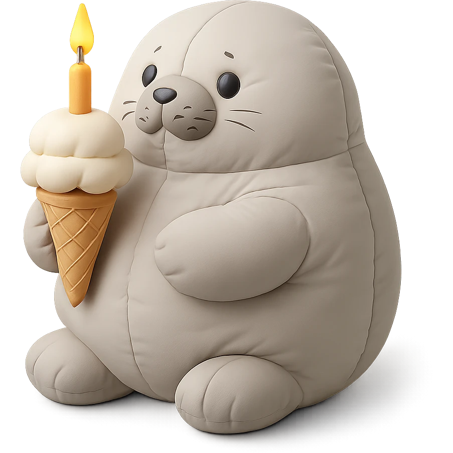 chubby seal holding ice cream cone with candle, cushion style emoji