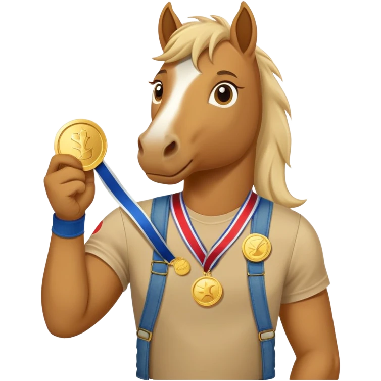 friendly anthropomorphised stallion in jeans and a t-shirt, holding a gold medal emoji