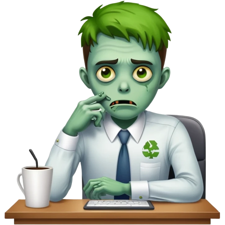 office zombie clerk with green skin looking tired and waiting for a coffee break emoji