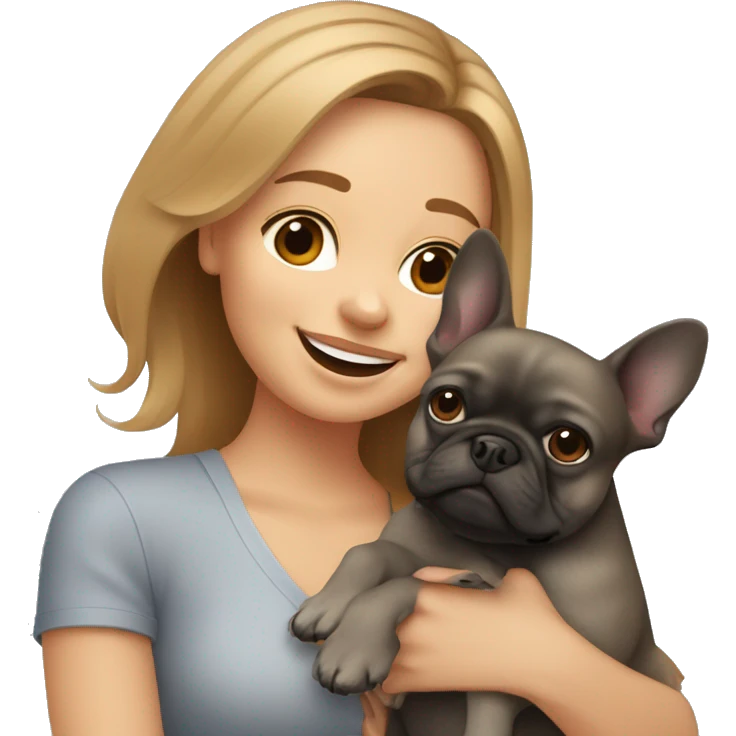 light brown hair woman hugging two dogs: a pomeranian and a dark gray french bulldog emoji