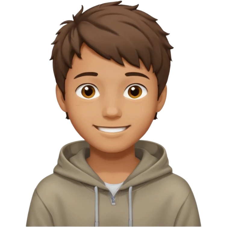 emoji of a teenage boy, short messy brown hair, wearing a hoodie, smiling emoji