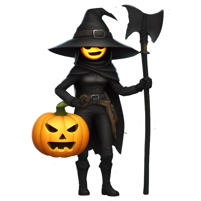 Human female pumpkin hunter with a scythe, glowing pumpkin eyes inside a black helmet, Halloween theme, emoji" emoji