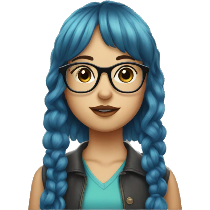 a girl with blue hair and bangs and glasses kissing a girl with curly dark hair and bangs and glasses emoji