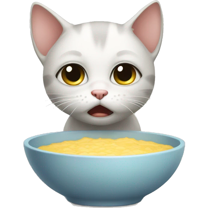 Sad crying kitten next to empty bowl emoji