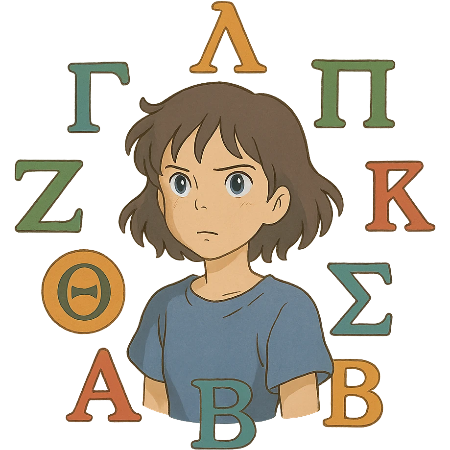 abstract representation of eleven using Greek alphabet motifs, ghibli style emoji