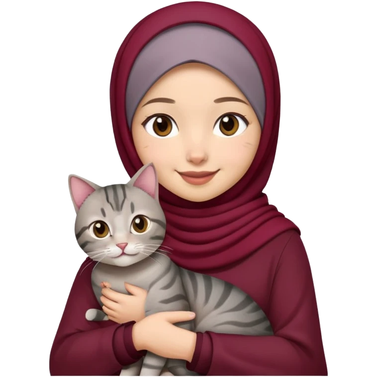 Asian white girl wearing maroon hijab holding a black grey tabby cat with smiling emoji