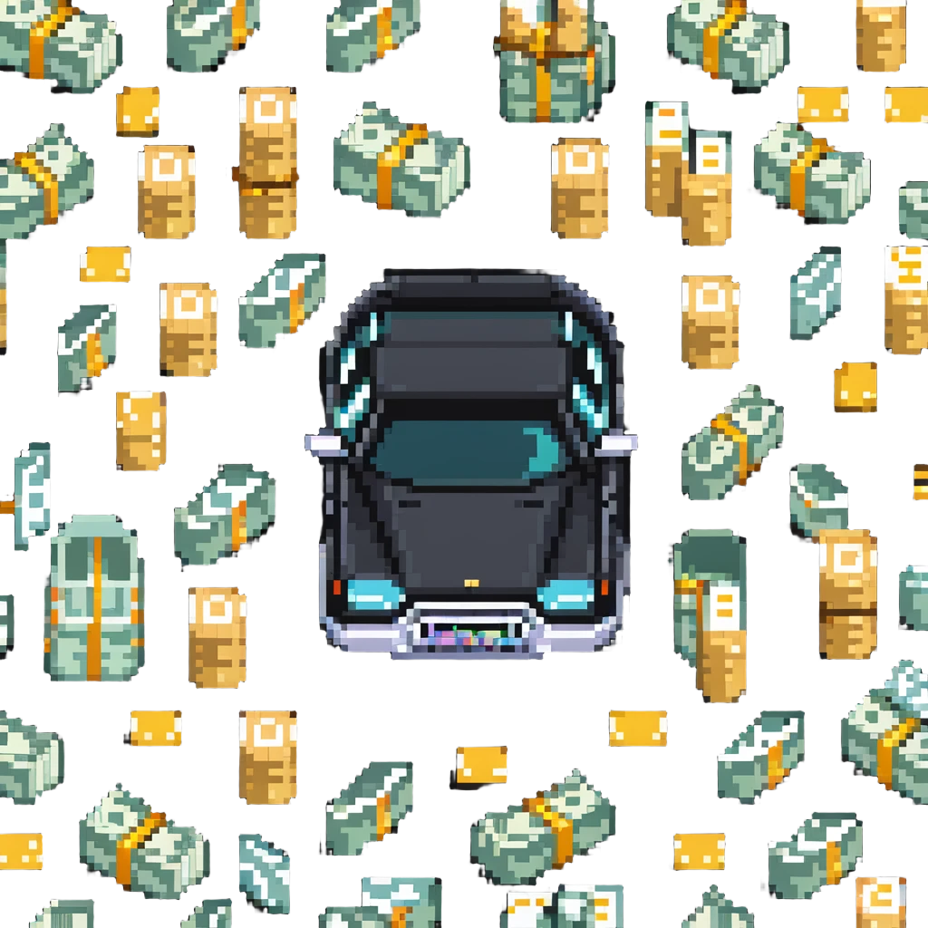 car with stacks of cash and a customer, representing easy vehicle loans emoji
