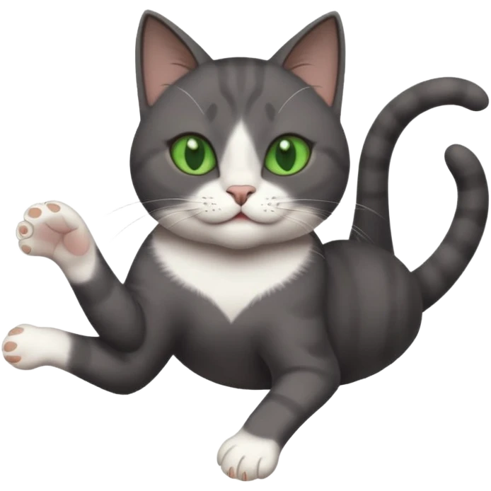 dark grey cat with green eyes, white toes/paws and white patch on her chest playfully rolling upside down emoji