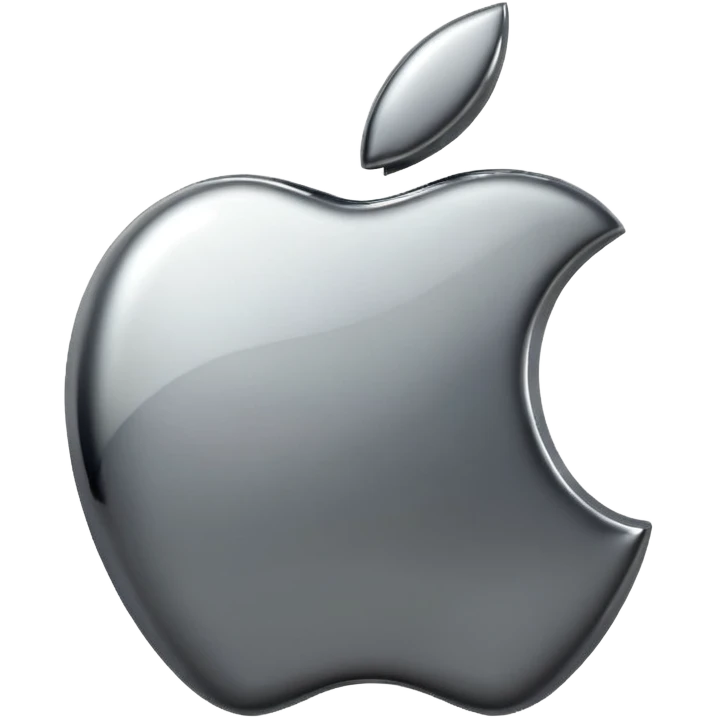 Metallic Apple logo emoji icon, chrome surface, sharp reflections, dark background, centered emoji