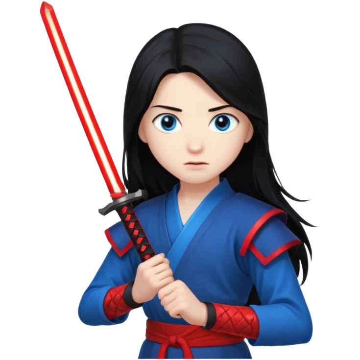 A 14 year old with red glowing katana and his hair be long and eye colour of blur emoji