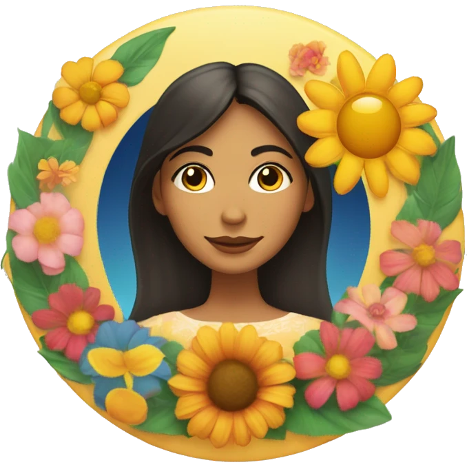 Latino woman's face inside a circle with a moon, flowers, and a sun in a line along the bottom of the circle. emoji