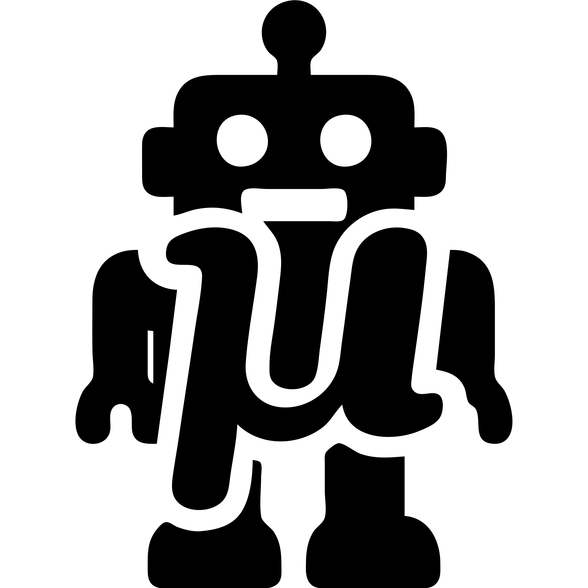solid icon, blue lowercase mu, toy robot in background, simple and bold emoji