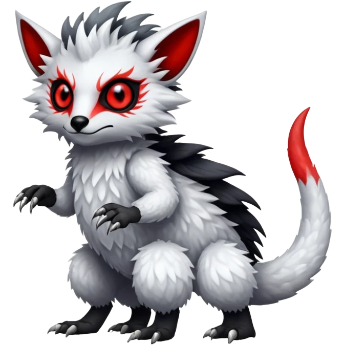 a white and silvery exotic edgy vernid-fionbr-Fakémon-creature, with black belly and red eyes, full body emoji